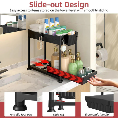 Four Pack Two Tier Under Sink Organizer With Hassle Free Slide Out Drawers For Bathroom Vanities And Kitchen Cabinets, black, 2-tier storage for toiletries.