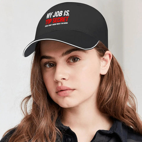 Cool On The Go Women Sun Hat With Adjustable Buckle Cap featuring "My Job Is Top Secret" text on black fabric.