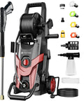 Powerful 4500 PSI Pressure Washer With 3.2 GPM, Four Quick Connect Nozzles, Foam Cannon, Inlet Hose And Filter, Beast At Cleaning Grime On Cars Fences Driveways Patios And Home Projects, Red shown with accessories and nozzles.