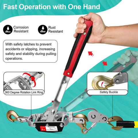 5 Ton Beefed Up Come Along Winch With 11 Foot Steel Cable Three Hooks Heavy Duty Hand Winch Dual Gear System handle detail