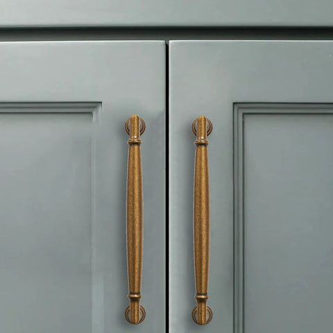 Antique Brass Cabinet Pulls 3-3/4 Inch 96mm 10 Pack Solid Zinc Alloy Heavy Duty Round Cabinet Pulls on grey cabinet doors