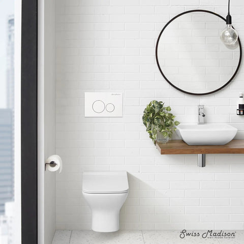 Bathroom with Actuator Flush Plate With No Fuss Dual Flush Circle Buttons Glossy White Finish Modern Wall Mount Replacement For Toilet Tanks Easy Push Button Operation Compatible With Tank And Carrier Systems