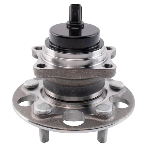 Drop In Rear Wheel Bearing And Hub Assembly For 19-22 Lexus ES300h ES350 And 18-19 Toyota Camry 20-23 FWD 19-23 RAV4 Japan Built 1st VIN J 19-20 Avalon Replacement With Sealed Bearings And Easy Install For A Smooth Ride, view of product featuring metal construction and bolt holes.