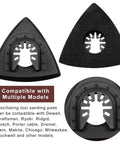 Image of a Two Pack Three One Eighth Inch Oscillating Tool Sanding Pad And Fifty Triangular Sanding Pads Set With Assorted 60 80 120 180 240 Grits Universal Hook And Loop Multitool Sanding Pads Attachment Kit, focusing on triangular pad design and compatibility.