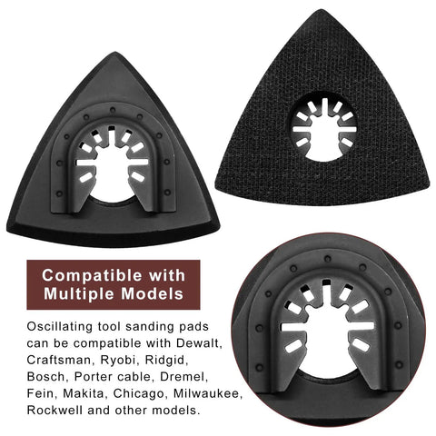 Image of a Two Pack Three One Eighth Inch Oscillating Tool Sanding Pad And Fifty Triangular Sanding Pads Set With Assorted 60 80 120 180 240 Grits Universal Hook And Loop Multitool Sanding Pads Attachment Kit, focusing on triangular pad design and compatibility.
