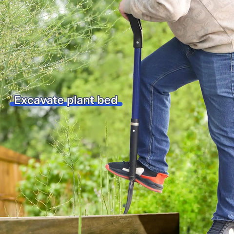 Person using Heavy Duty Garden Fork With Fiberglass Handle 43 Inches Long 4 Tines For Digging Composting Spading Yard Work