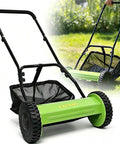 Effortless Manual Push Reel Lawn Mower With 14 Inch Cut, No Gas No Fuss, Five Blade Precision, Adjustable Height 0.6 To 1.8 Inches, Removable Grass Catcher Bag For Yard And Garden Lawn Care, green steel frame with catcher bag