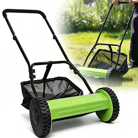 Effortless Manual Push Reel Lawn Mower With 14 Inch Cut, No Gas No Fuss, Five Blade Precision, Adjustable Height 0.6 To 1.8 Inches, Removable Grass Catcher Bag For Yard And Garden Lawn Care, green steel frame with catcher bag
