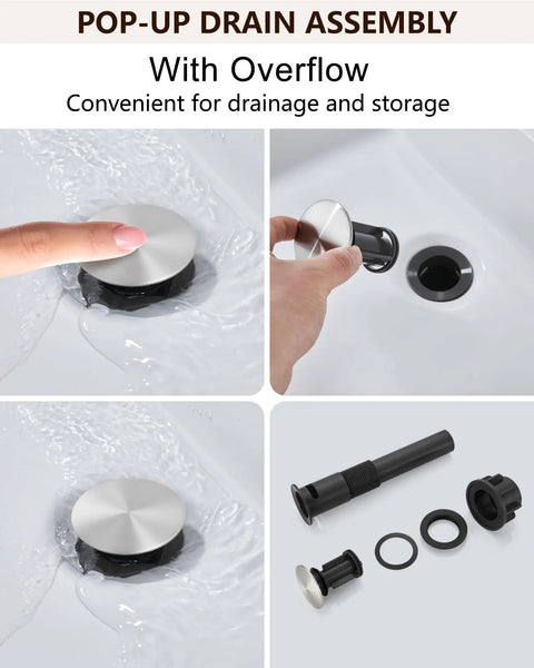 Waterfall Bathroom Faucet In Brushed Nickel 1 Or 3 Hole Deck Mount SUS304 Stainless Steel Sink Tap With Pop Up Drain Anti Fingerprint Coating RV Vanity Compatible No Fuss Install Durable Low Maintenance pop-up drain assembly demonstration.