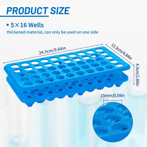 Plastic Test Tube Rack With Silicone Pad For 5mL 10mL And 15mL Vials 50 Hole Detachable Lab Tube Holder Centrifuge Rack Top Notch Durable Plastic Blue Lab Workhorse showing dimensions and 50-hole layout
