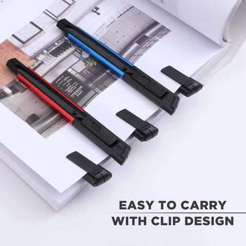 Workpro premium utility knives: three aluminum retractable box cutters in red, blue, and black with clip design