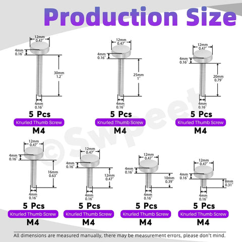 Thumb Screw Set With Knurled Flat Heads, Fully Threaded, 35-Piece Nickel Plated Assortment In 7 M4 Sizes, diagram of dimensions