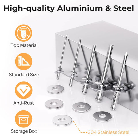 All In One 1200Pcs Pop Rivets And Trifold Rivets Kit With Washers For Auto DIY And Metalwork - 14 Standard Rivet Sizes Plus 1 Trifold Size Includes Washers For Strong Secure Fastening. 304 stainless steel rivets and washers