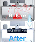 Before and after of desk with No Drill Under Desk Cable Management Tray With Clamp On Design, cables organized in black tray.