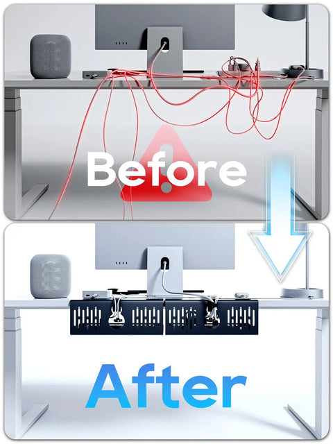 Before and after of desk with No Drill Under Desk Cable Management Tray With Clamp On Design, cables organized in black tray.