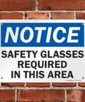 Heads Up Notice Sign Safety Glasses Required In This Area 7x10 Inch Plastic Sign HDPE Durable Black On White With Blue Accent.