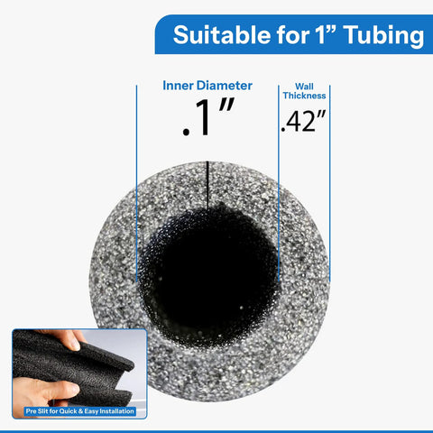 Solid Choice Pre Slit Foam Pipe Insulation Covers 12 Pack Three Foot Durable Foam Tube for Copper PVC and Iron Plumbing showing inner diameter and wall thickness.
