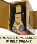 Close-up of Heavy Duty 16 Inch Open End Belt Sander 5 Hp 230V showing limiter feature and dual feed controls.