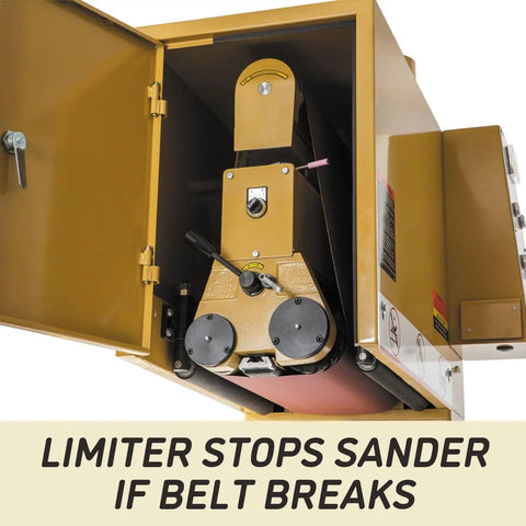 Close-up of Heavy Duty 16 Inch Open End Belt Sander 5 Hp 230V showing limiter feature and dual feed controls.