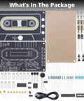 Kit contents of 10 Minute Sound Recorder Soldering Kit With LED Lights, including circuit boards, resistors, and electronic components.