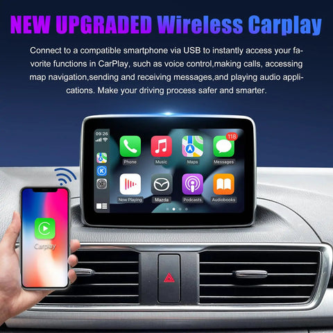 Mazda Type-C Wireless CarPlay Retrofit Kit for MZD Connect System 2015 2020 Models Upgraded 2024 Wireless CarPlay Only No Android Auto Fits Mazda 2 3 6 CX3 CX5 CX-9 MX-5 Easy Plug In For Maps Music And Hands Free Calls shown installed in car dashboard