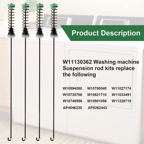 Replace Your Busted W11130362 Washer Suspension Rod Kit To Banish The Dang Bouncing Fix Shaky Whirlpool Maytag Or Kenmore Top Front Load Washers For Smooth Steady Laundry Days, showcasing four suspension rods with springs.