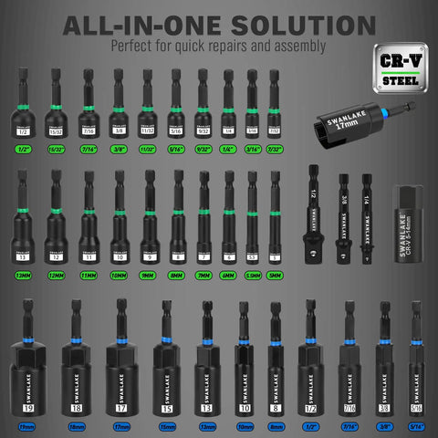 74 Piece Magnetic Nut Driver Set For Impact Drill With Metric And SAE Sockets, Quick Change Bit Extension, Magnetic Holder