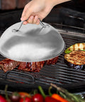 2 Pack Heavy Duty 9 Inch Cheese Melting Dome Stainless Steel Griddle Cover in use on outdoor grill with vegetables