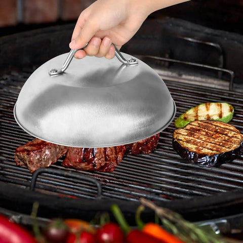 2 Pack Heavy Duty 9 Inch Cheese Melting Dome Stainless Steel Griddle Cover in use on outdoor grill with vegetables