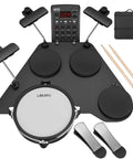 Quiet Dual Layer Mesh Snare Electronic Drum Set With Over 220 Sounds, USB MIDI, Jam Ready Travel Kit, silicone pads, footswitches, sticks