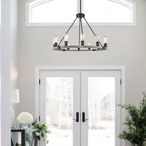 Homestead 25 Inch Six Light Wagon Wheel Chandelier With Gray Oak Wood Finish And Textured Black Accents in modern entryway