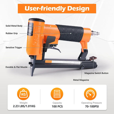 Image of 21 Gauge Pneumatic Upholstery Stapler With Continuous Firing Mode For 80 Series Staples, highlighting rubber grip and metal body.