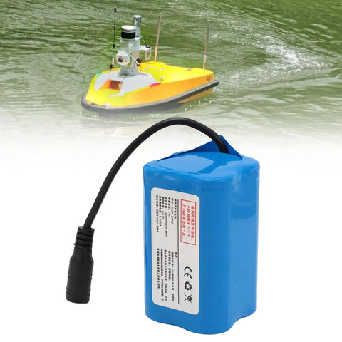 Massive 12000mAh 7.4 Volt Rechargeable Lithium Battery For RC Fishing Bait Boats with visible yellow boat in water