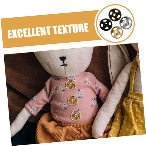 Doll wearing floral shirt with Mini Colored Button Set for Doll Clothes and DIY Sewing Projects, 120Pcs Tiny Round Snap Fasteners for Crafts.