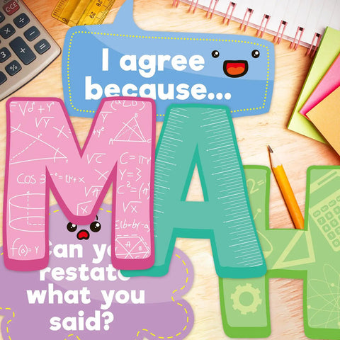 Colorful Math Talk Bulletin Board Set For Classrooms And Home Offices Kid Friendly Interactive Math Discourse Cards on desk