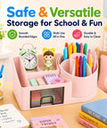 Go To Desk Organizer With Drawer And Pen Holder For Home Office, pink storage box with clock, pens, and figure on desk