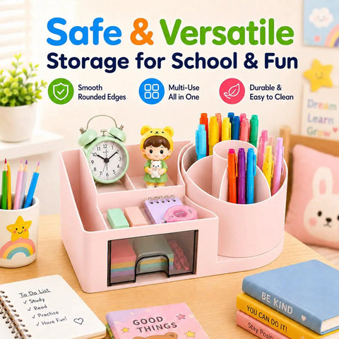 Go To Desk Organizer With Drawer And Pen Holder For Home Office, pink storage box with clock, pens, and figure on desk