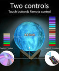 Galaxy Moon Lamp 4.8 Inch With Wood Stand, 16 Color Changing LED Moon Light illustration showing remote and touch controls
