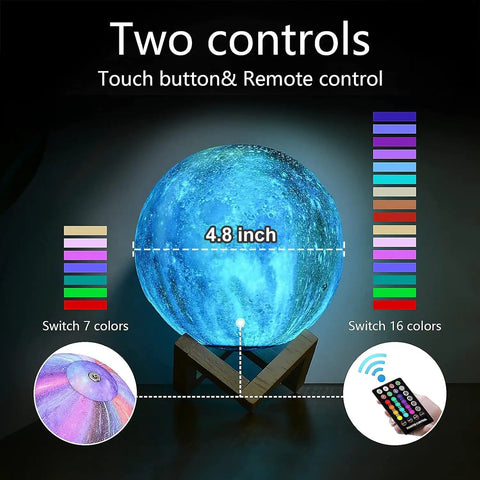 Galaxy Moon Lamp 4.8 Inch With Wood Stand, 16 Color Changing LED Moon Light illustration showing remote and touch controls