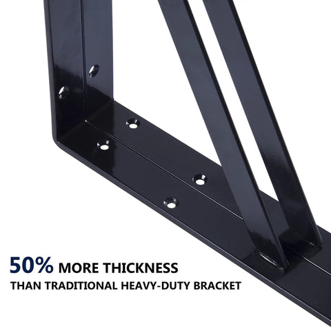 Close-up of black powder coated steel heavy-duty shelf bracket, part of Set Of Four 18 Inch Heavy Duty Shelf Brackets Black Powder Coated Steel Wall Mounts For Garage Floating Shelves 1200 Pound Capacity Built Like A Tank Storage Gear For Home And Shop.