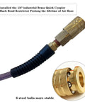 1/4 Inch Purple Air Compressor Hose with brass quick coupler and black bend restrictor for durability and tangle-free use.