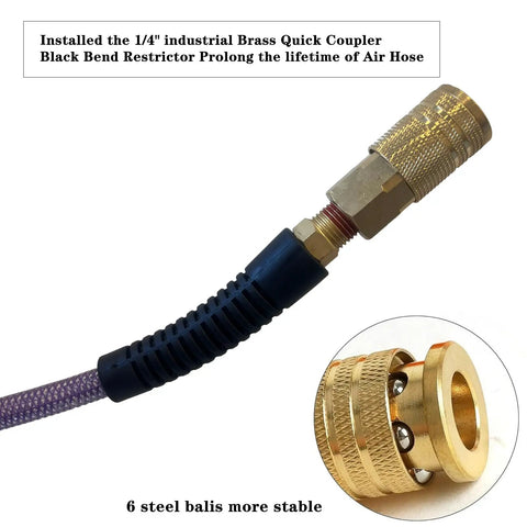 1/4 Inch Purple Air Compressor Hose with brass quick coupler and black bend restrictor for durability and tangle-free use.