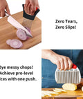 Stainless steel onion and vegetable slicer set; collage shows onion slices on a board and cheese cut with a handheld crimp blade.