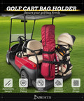 Heavy Duty Golf Cart Bag Holder Upgraded Rear Seat Bracket For One Inch Square Frame No Sweat Install, shown on a red golf cart with bags.