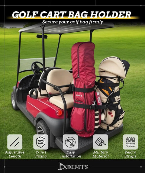 Heavy Duty Golf Cart Bag Holder Upgraded Rear Seat Bracket For One Inch Square Frame No Sweat Install, shown on a red golf cart with bags.