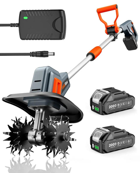 Powerful Cordless Tiller Cultivator For Gardening With 360 RPM Electric Motor 48 Steel Tines 9 Inch Tilling Width And 7 Inch Depth 21V Battery Powered Small Tiller For Soil Lawn And Garden Yard Work Made Easy with batteries and charger