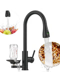 Commercial Grade Kitchen Workstation Faucet with with Glass Rinser & LED in sleek black design, cleaning dishes with water.