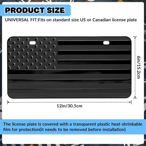 Flag 6x12 Inch Aluminum License Plate Frame With Thick 3D Embossed Metal Tag, universal fit, black anodized finish