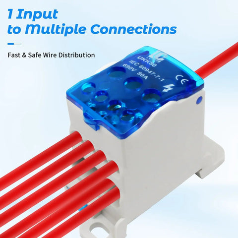 Two Pack Heavy Duty DIN Rail Power Distribution Block 80A With One Input Six Output Terminals Electrical Wire Connector Supports 14 To 6 AWG Wire For Home RV Marine Solar Automotive Industrial Wiring, 80A 1-to-6 block