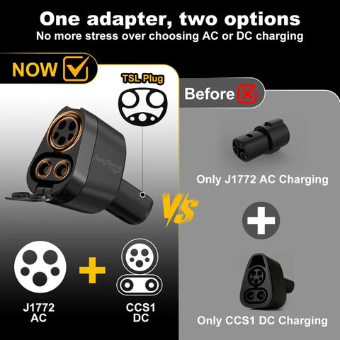 Badass Heavy Duty CCS1 And J1772 To NACS Adapter Built Tough For Tesla Model 3 Y S X Cybertruck showing dual charging options.